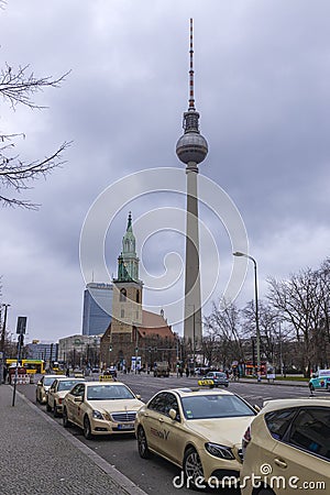 February 05, 2020: View of the Television Tower Fernsehturm in Berlin from Alexander Platz. The famous TV towe Editorial Stock Photo